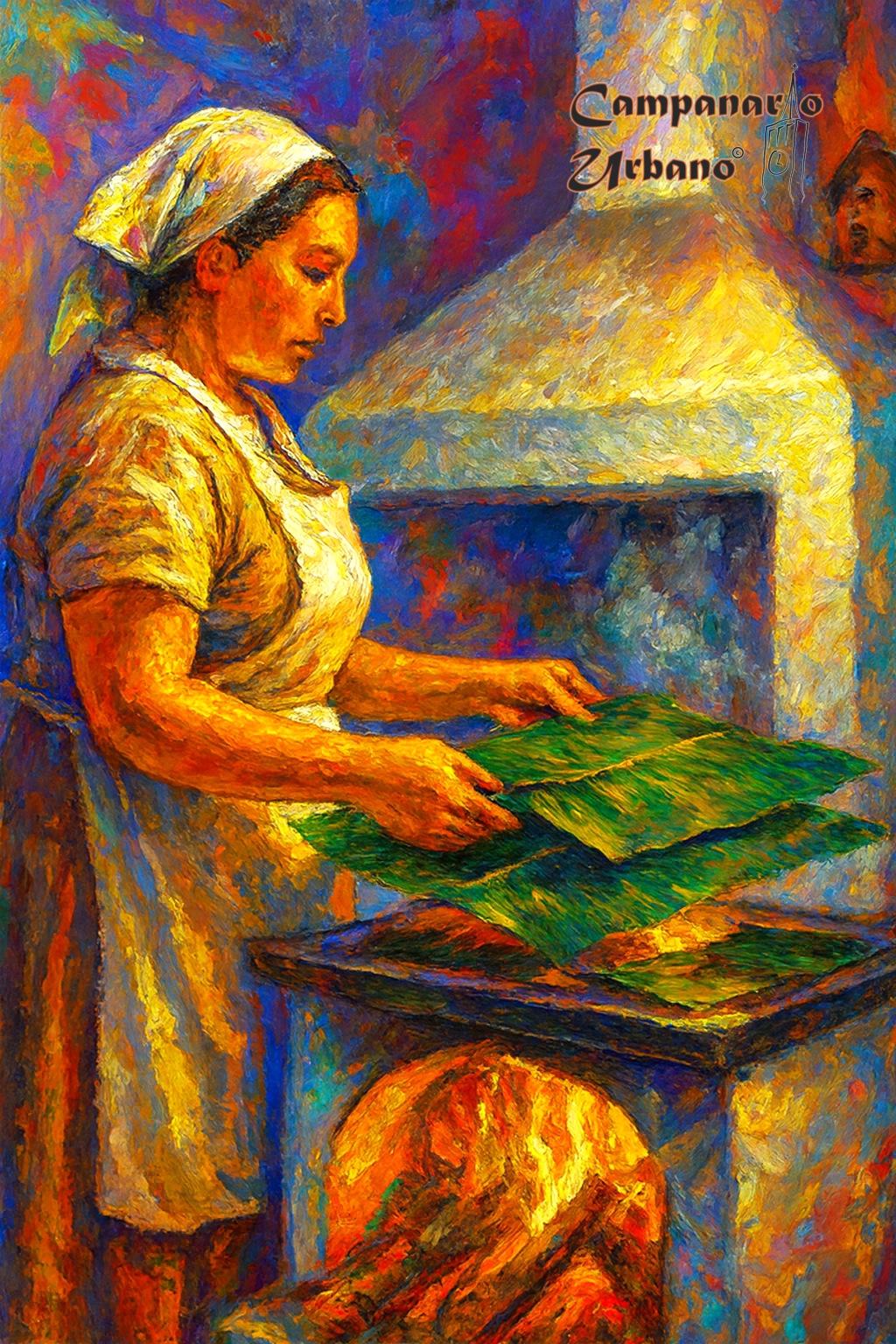 Asando en el fogón las hojas de plátano para envolver las hallacas. Composición IA.