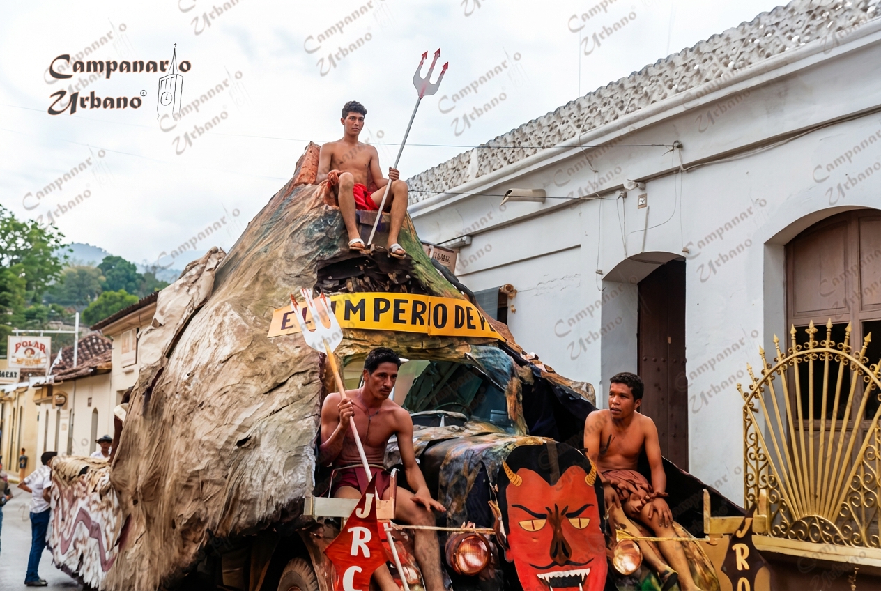 Carnavales y Arte en Guarenas, carroza El Imperio de Plutón, año 1963. Imagen coloreada por IA.