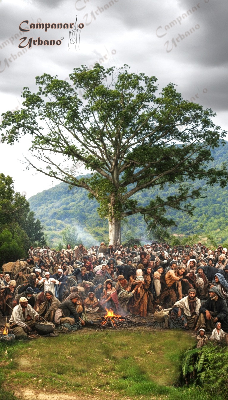 Emigrantes de Caracas refugiados bajo la ceiba de Guarenas, julio de 1814. Composición IA.