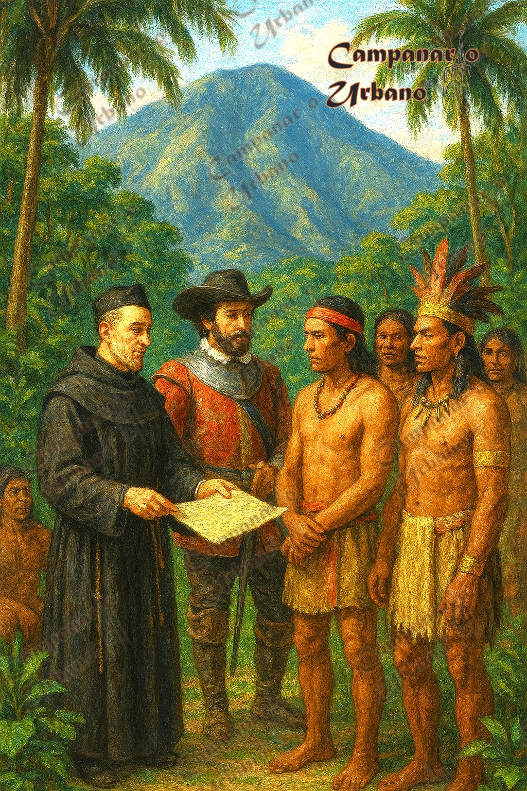 Fundación de Guarenas. Cabildo constituido por el Teniente General Pedro José Gutiérrez de Lugo, el Vicario Gabriel de Mendoza, el Cacique Chagaragotos y el Cacique Mariches. Provincia de Venezuela, a 4 leguas (22 km) al este de Santiago de León de Caracas. Año 1621. Composición IA.