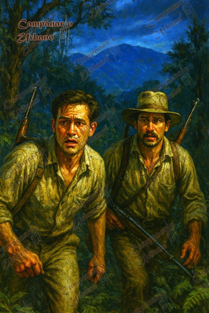 Leoncio Campos y Jesús María Aponte huyen por la montaña hacia Guarenas, año 1903. Composición IA.