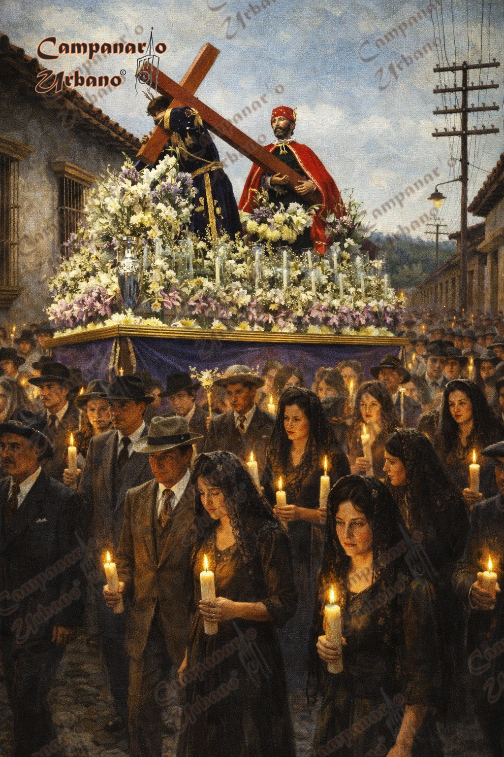Procesión del Nazareno de Guarenas, calle Real o Comerio. Composición IA.