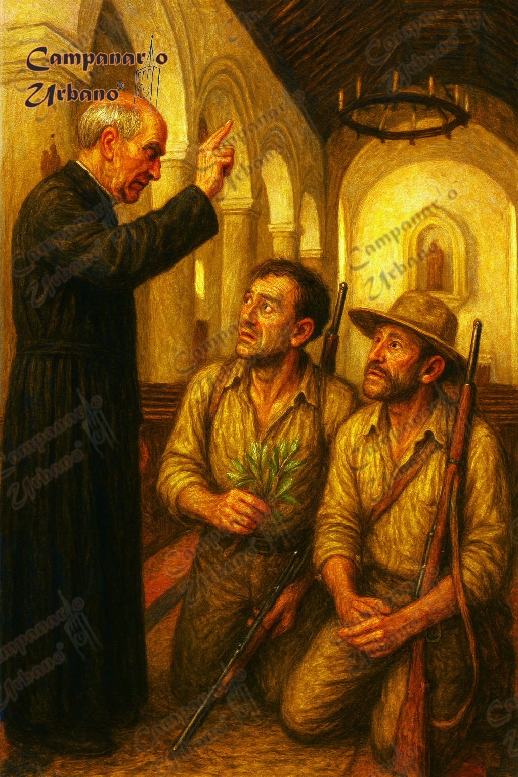 El padre Bernardo Millán administra el Sacramento de la Reconciliación a Leoncio Campos y Jesús María Aponte, lo que dará inicio a la tradición del olivo de Guarenas. Año 1903. Composición IA.