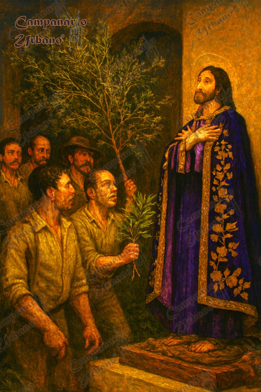Desde 1903, los guareneros continúan con la promesa del olivo de Guarenas, presentando un gajo ante la imagen de Jesús en el Huerto durante la noche del Viernes de Concilio. Composición IA.
