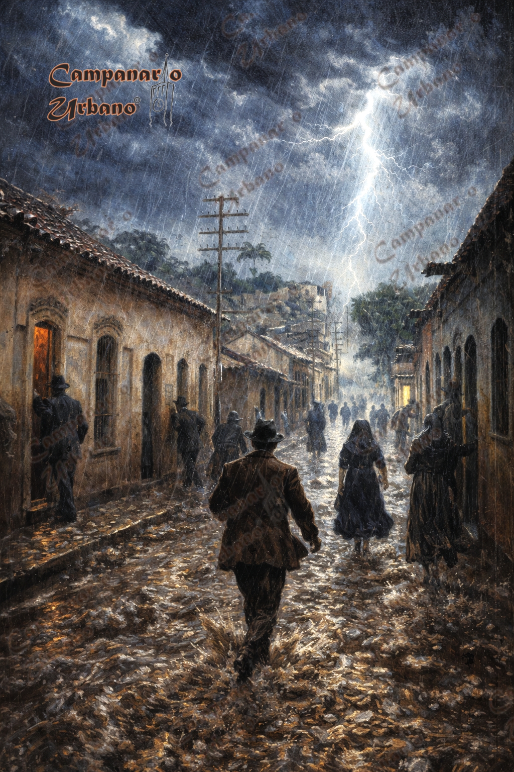 Guareneros regresan apresurados a sus hogares. Calle Real o Comercio de Guarenas, año 1933. Fue un Miércoles Santo sin procesión. Composición IA.