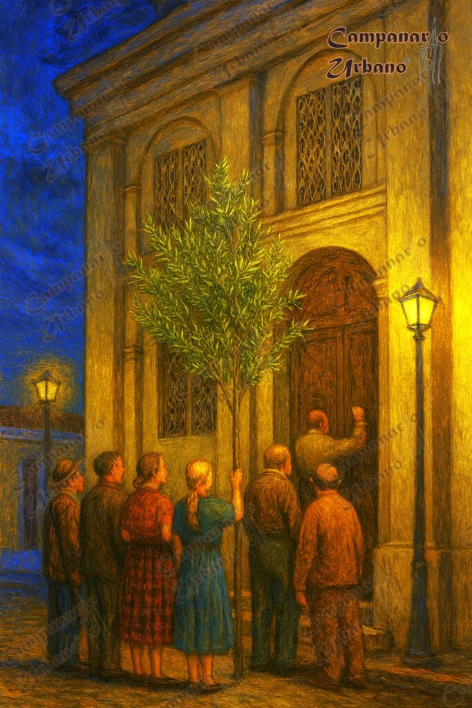 Los promeseros llevan el olivo de Guarenas a la Catedral, tocan 3 veces la puerta en señal de la Santísima Trinidad, esperando que el cura abra la puerta y reciba a los devotos en busca de redención. Composición IA.