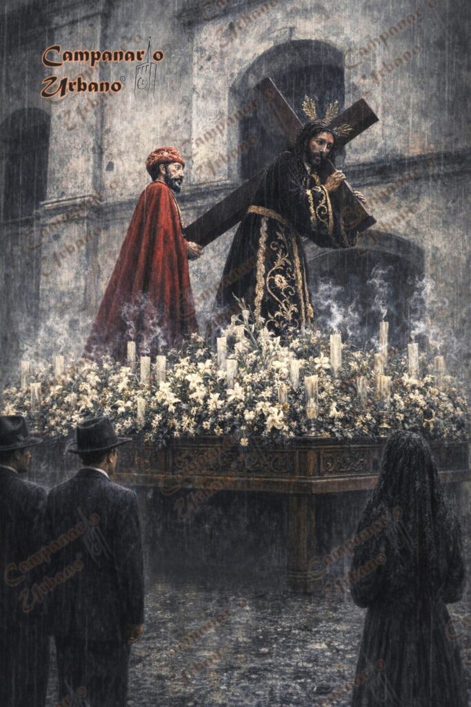 Imagen del Nazareno de Guarenas y Simón de Cirene. Año 1933. Fue un Miércoles Santo sin procesión. Composición IA.