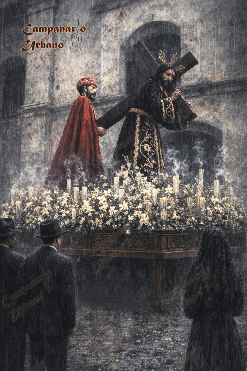 Imagen del Nazareno de Guarenas y Simón de Cirene. Año 1933. Fue un Miércoles Santo sin procesión. Composición IA.
