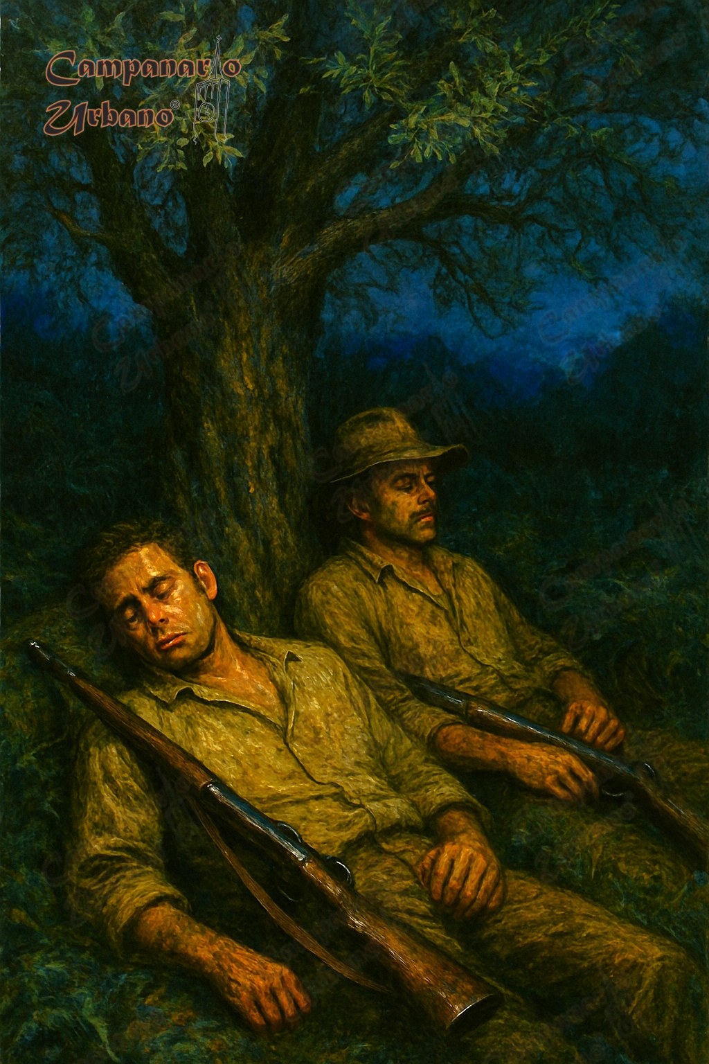 Leoncio Campos y Jesús María Aponte se quedan dormidos en la montaña bajo un olivo, año 1903. Composición IA.