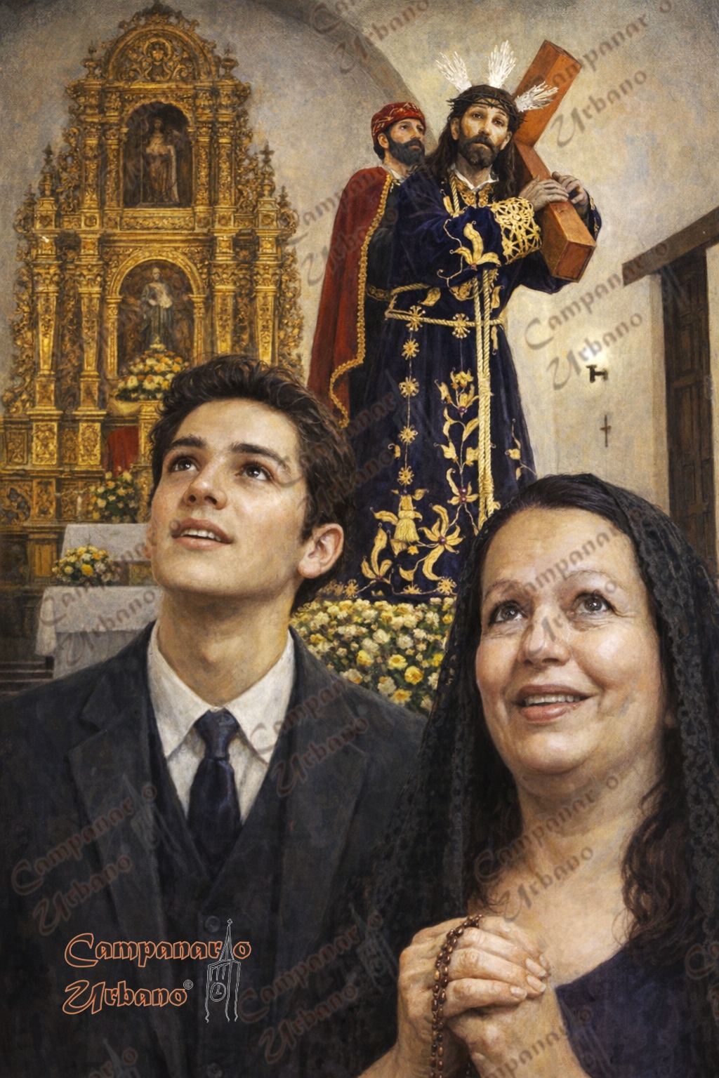 Pedro Ramón González Bello y su hermana María Francisca del Rosario, apodada Maina. Iglesia de la Candelaria de Guarenas, año 1904. Composición IA.