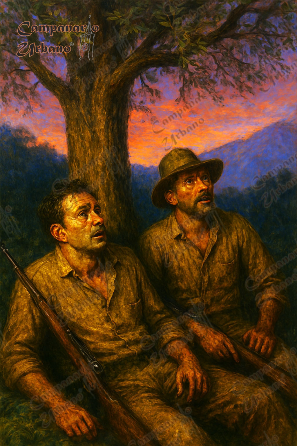 Leoncio Campos y Jesús María Aponte despiertan en el amanecer, año 1903. Composición IA.