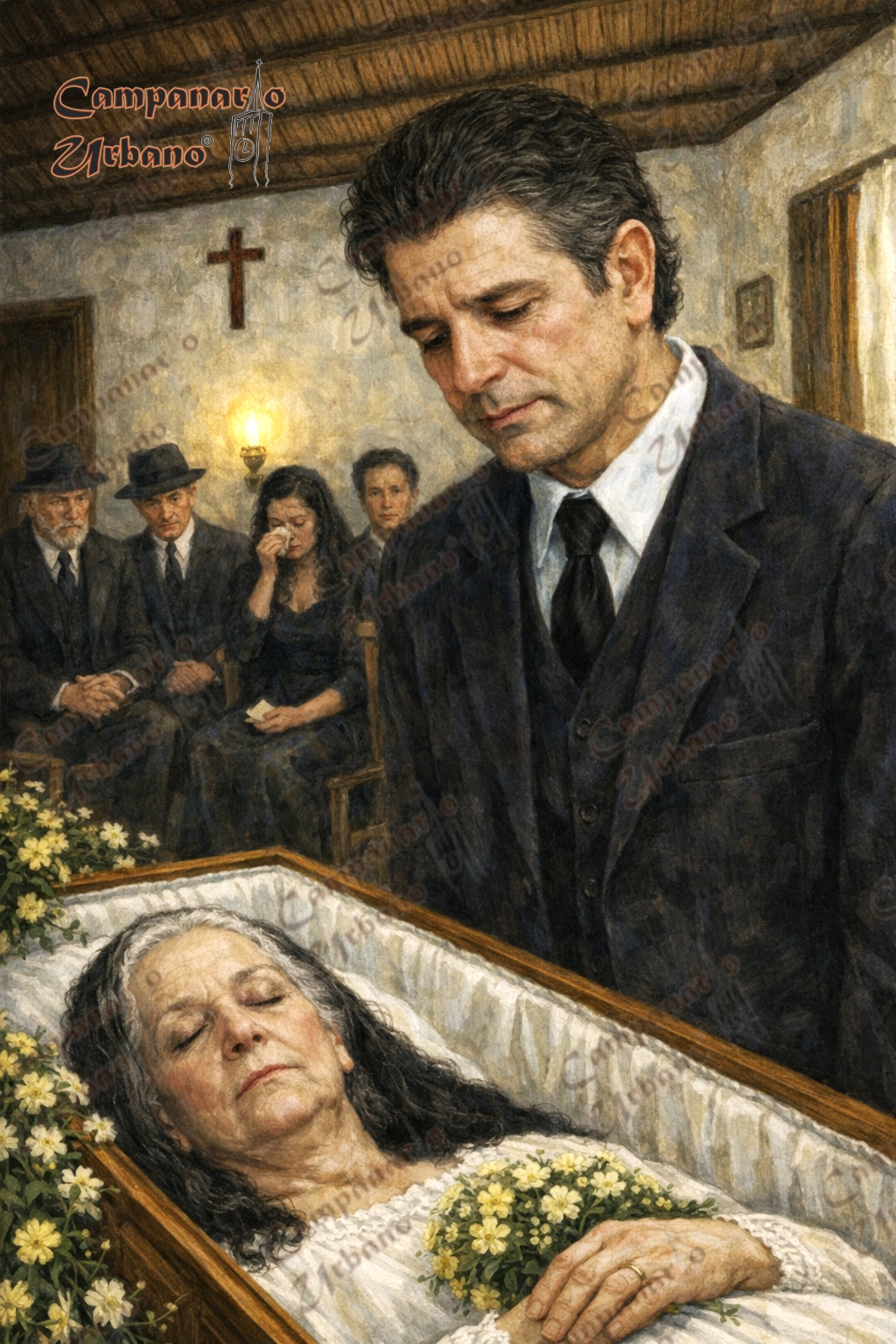 Pedro Ramón González Bello en el funeral de su hermana María Francisca del Rosario, apodada Maina. Guarenas, año 1933. Composición IA.