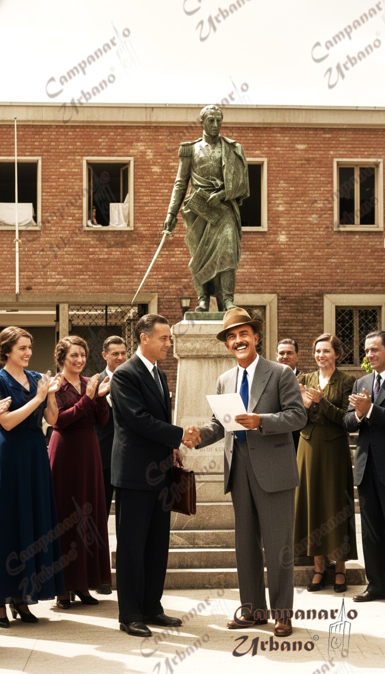 Miguel Felipe Chapellín García, Jefe Civil del Distrito Plaza, recibe la aprobación del Concejo Municipal para remodelar la Alameda Plaza, de manos de Pedro José Sánchez. Guarenas 21 de septiembre de 1936. Composición IA.