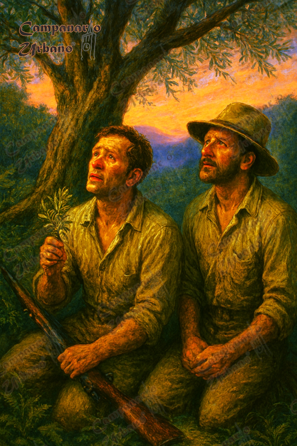 Leoncio Campos y Jesús María Aponte rezan debajo del olivo, año 1903. Composición IA.