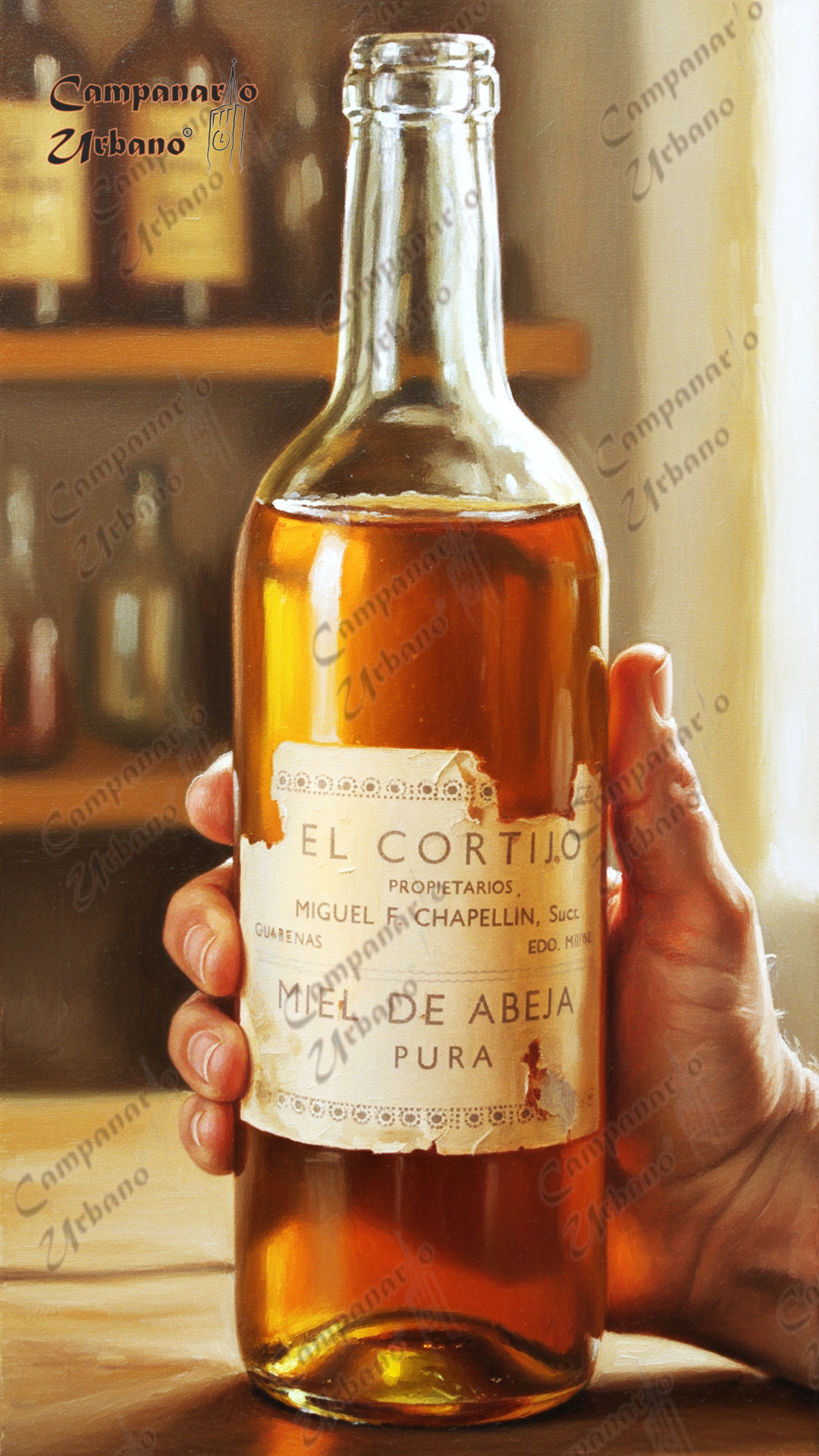 Miel pura El Cortijo, del apiario de Miguel Felipe Chapellín García. Composición IA.
