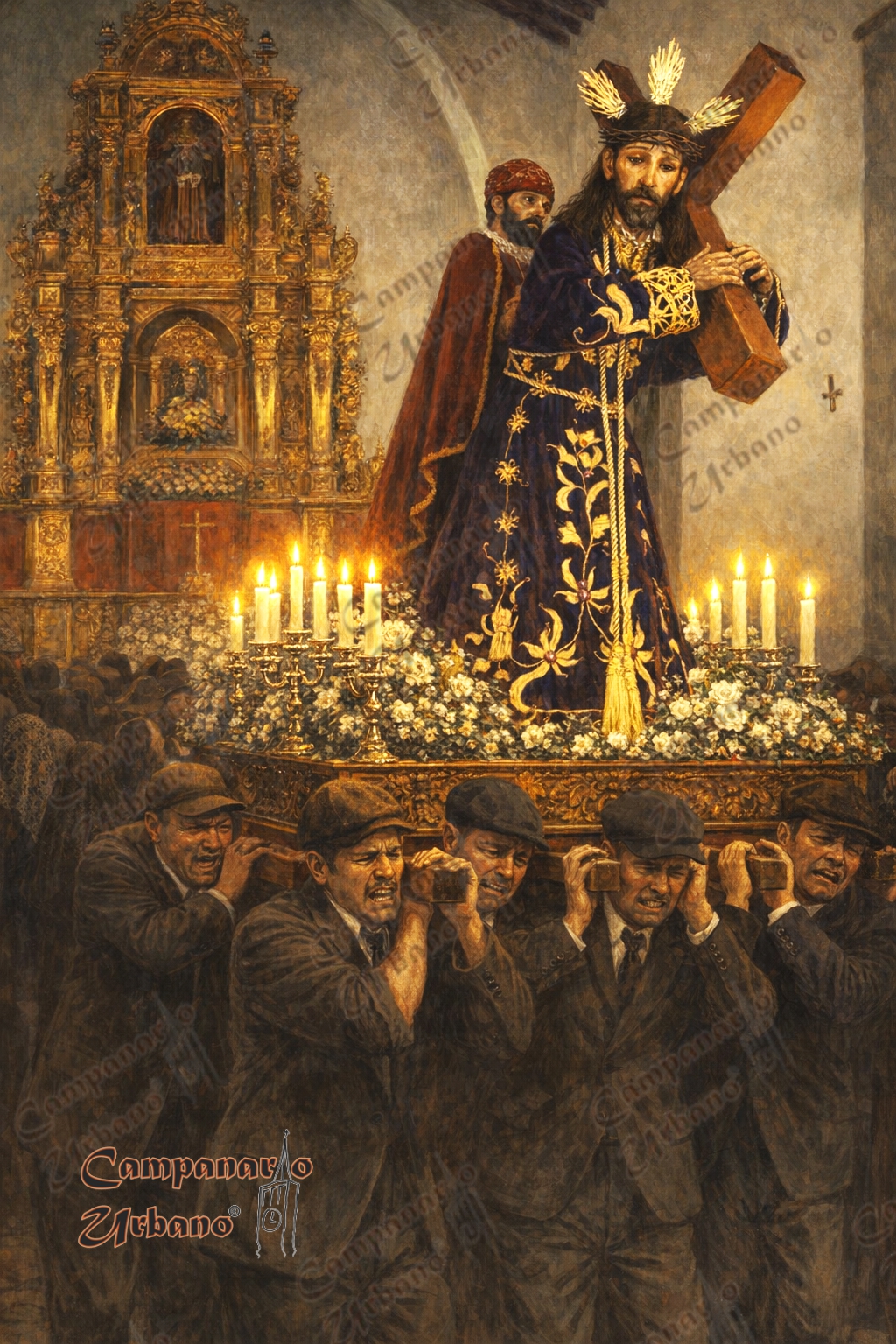 Cargadores inician la procesión del Nazareno en la Iglesia de la Candelaria de Guarenas, año 1933. Composición IA.