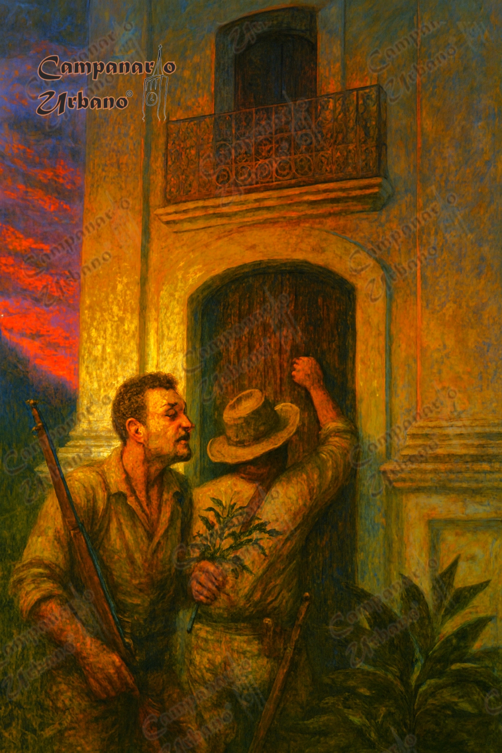 Leoncio Campos y Jesús María Aponte tocan 3 veces la puerta de la Iglesia de Nuestra Señora de Copacabana, lo que dará inicio a la tradición del olivo de Guarenas. Año 1903. Composición IA.