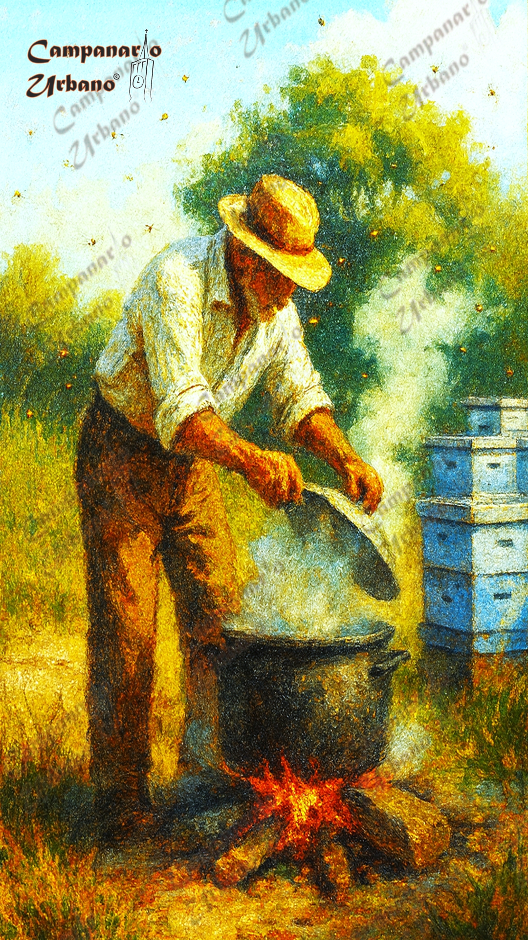 Preparación del vino de miel y frutas, Miguel Felipe Chapellín en su apiario frente a la Plazoleta del Pueblo Arriba de Guarenas, década de 1950. Composición IA.