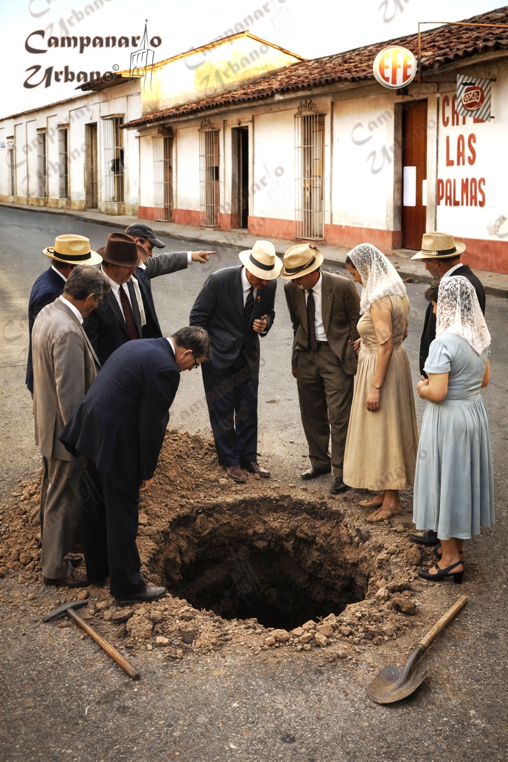 Guareneros observan la osamenta encontrada en la calle Régulo Fránquiz. Guarenas, febrero de 1956. Composición IA.