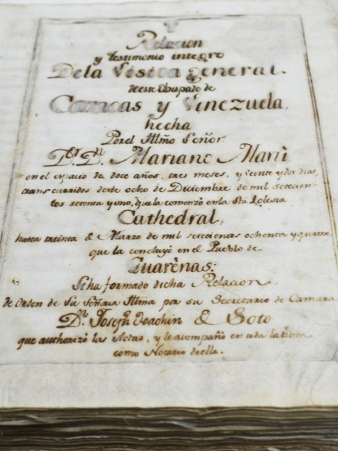 Portada del libro Personal del Obispo de Venezuela Mariano Francisco José Martí Estadella, relativo a su visita pastoral a la Diócesis de Caracas que gobernaba toda Venezuela, la cual culminó en el pueblo de Guarenas en marzo de 1784.