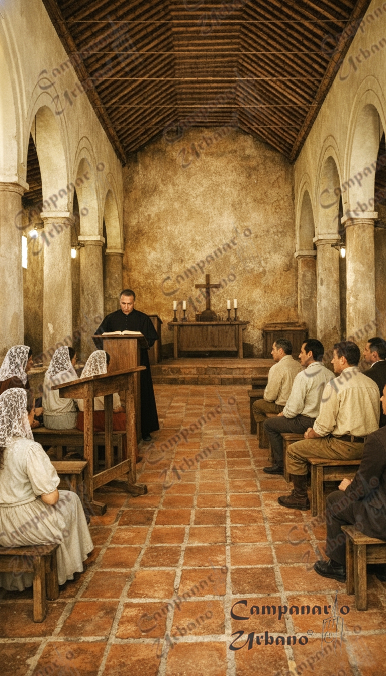 Iglesia de Nuestra Señora de Copacabana. Lectura de la palabra de Dios desde la banda del Evangelio, lado norte e izquierdo del templo. Composición IA.
