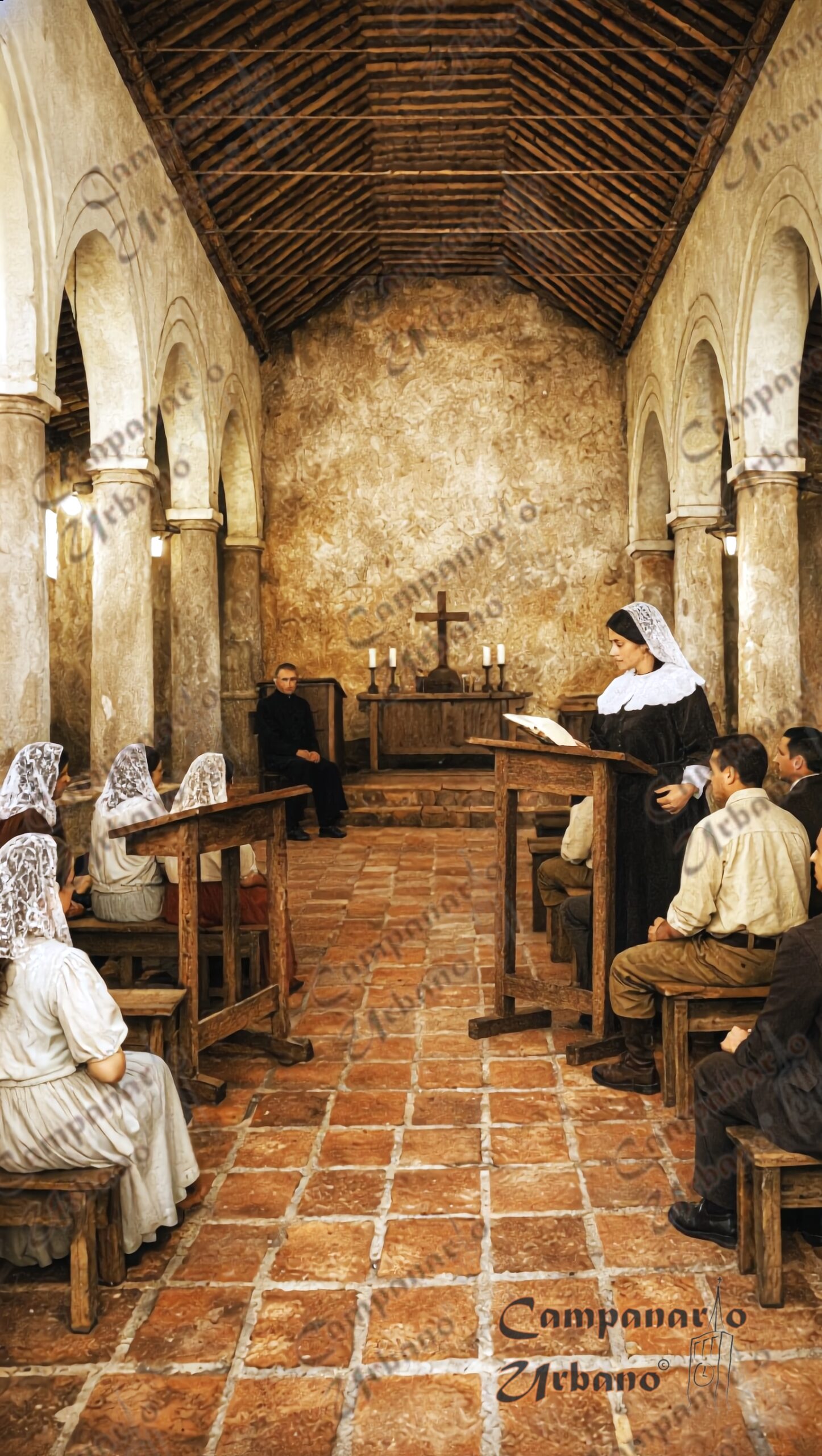 Iglesia de Nuestra Señora de Copacabana. Lectura de carta apostólica desde la banda de la Epístola, lado sur y derecho del templo. Composición IA.