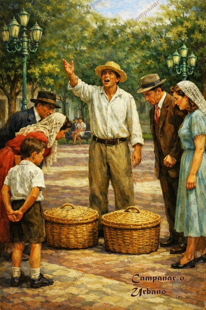 Vendedor de frutas ambulante en La Victoria, Estado Aragua. Década 1930. Composición IA.