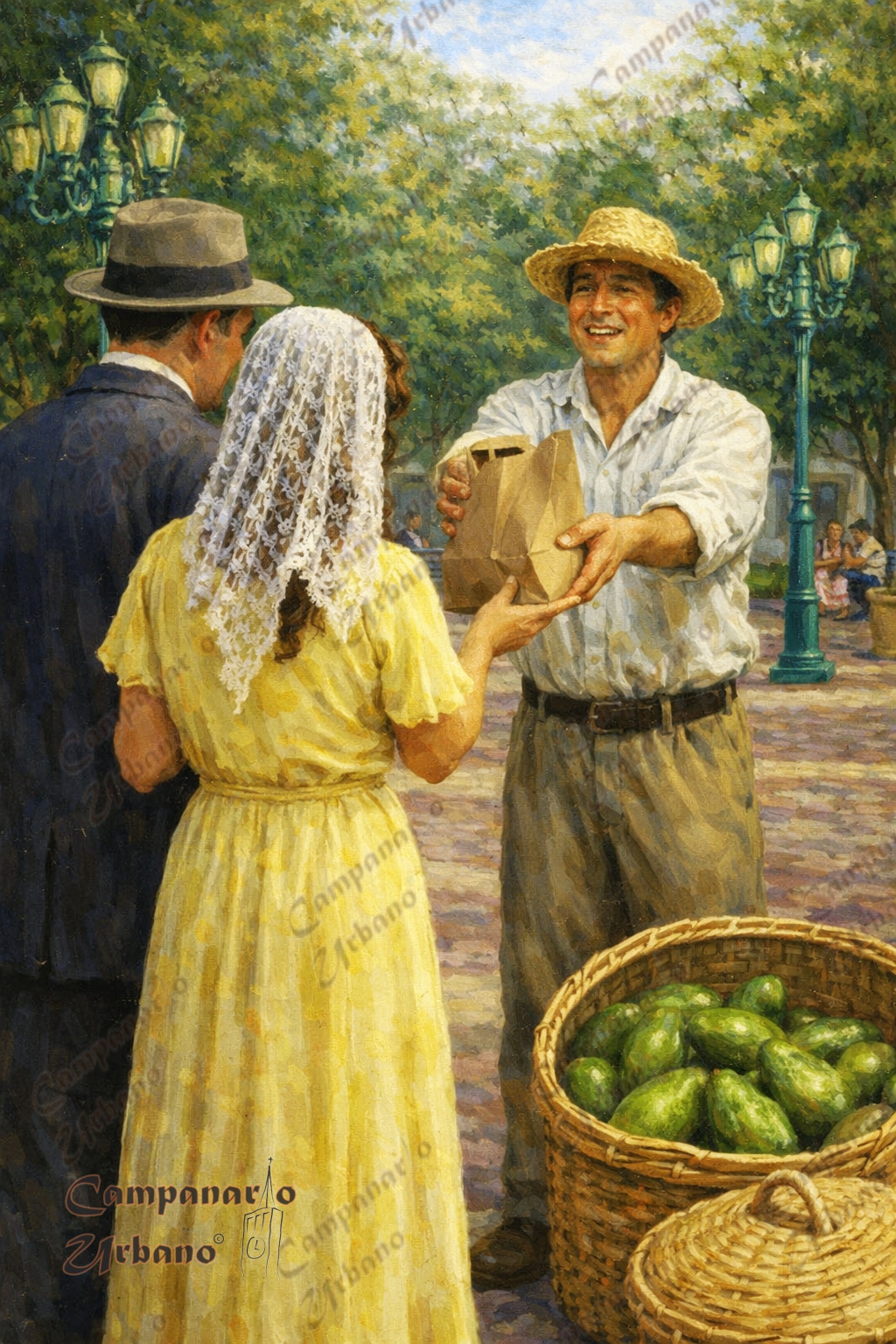 Vendedor de frutas ambulante en La Victoria, Estado Aragua. Década 1930. Composición IA.