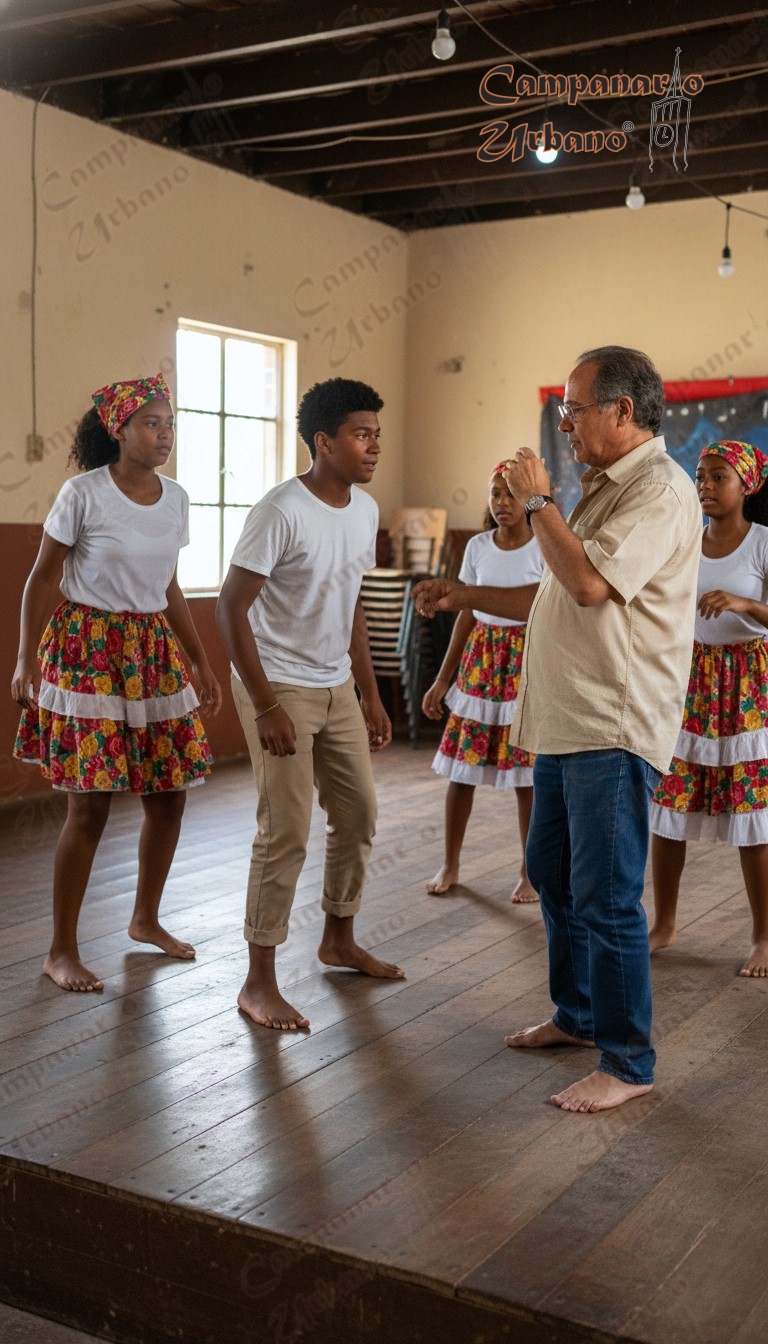 Armando Urbina dictando el taller de teatro en Tapipa, Estado Miranda, origen del Teatro Negro de Barlovento, año 1975. Composición IA.