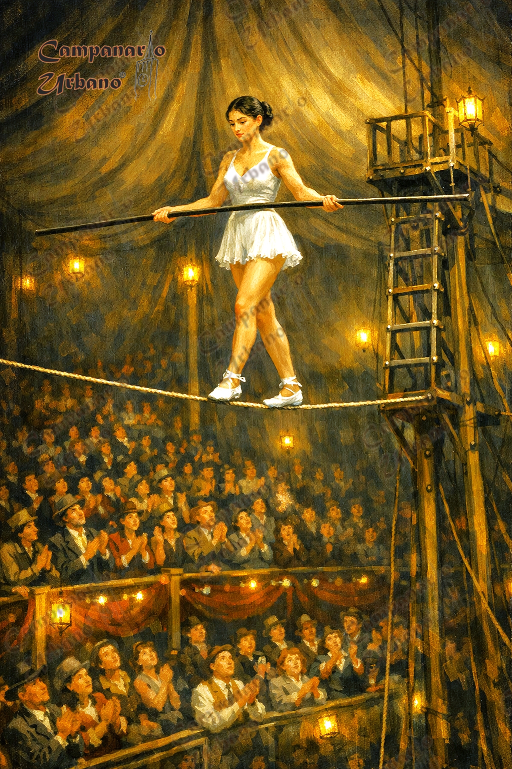 Dilia Ricardo Eschels caminando sobre la cuerda tensa. Guarenas 8 de julio de 1911. Composición IA.