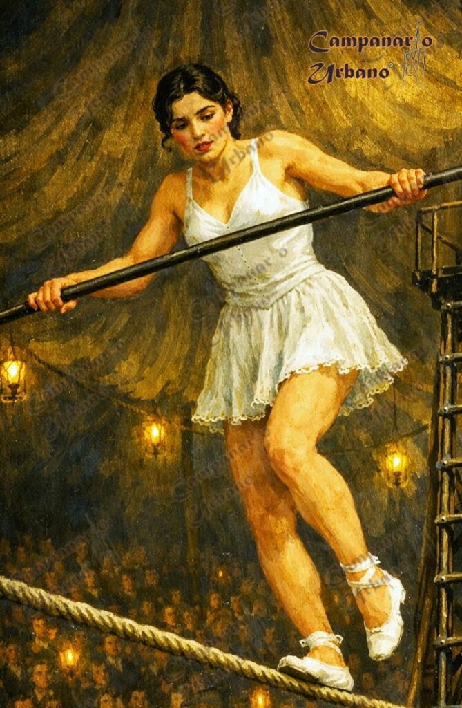 Dilia Ricardo Eschels caminando sobre la cuerda tensa. Guarenas 8 de julio de 1911. Composición IA.