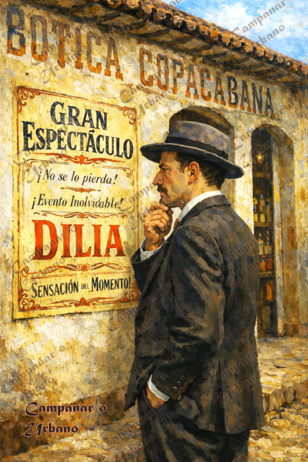 José María Bello González leyendo panfleto de invitación. Composición IA.