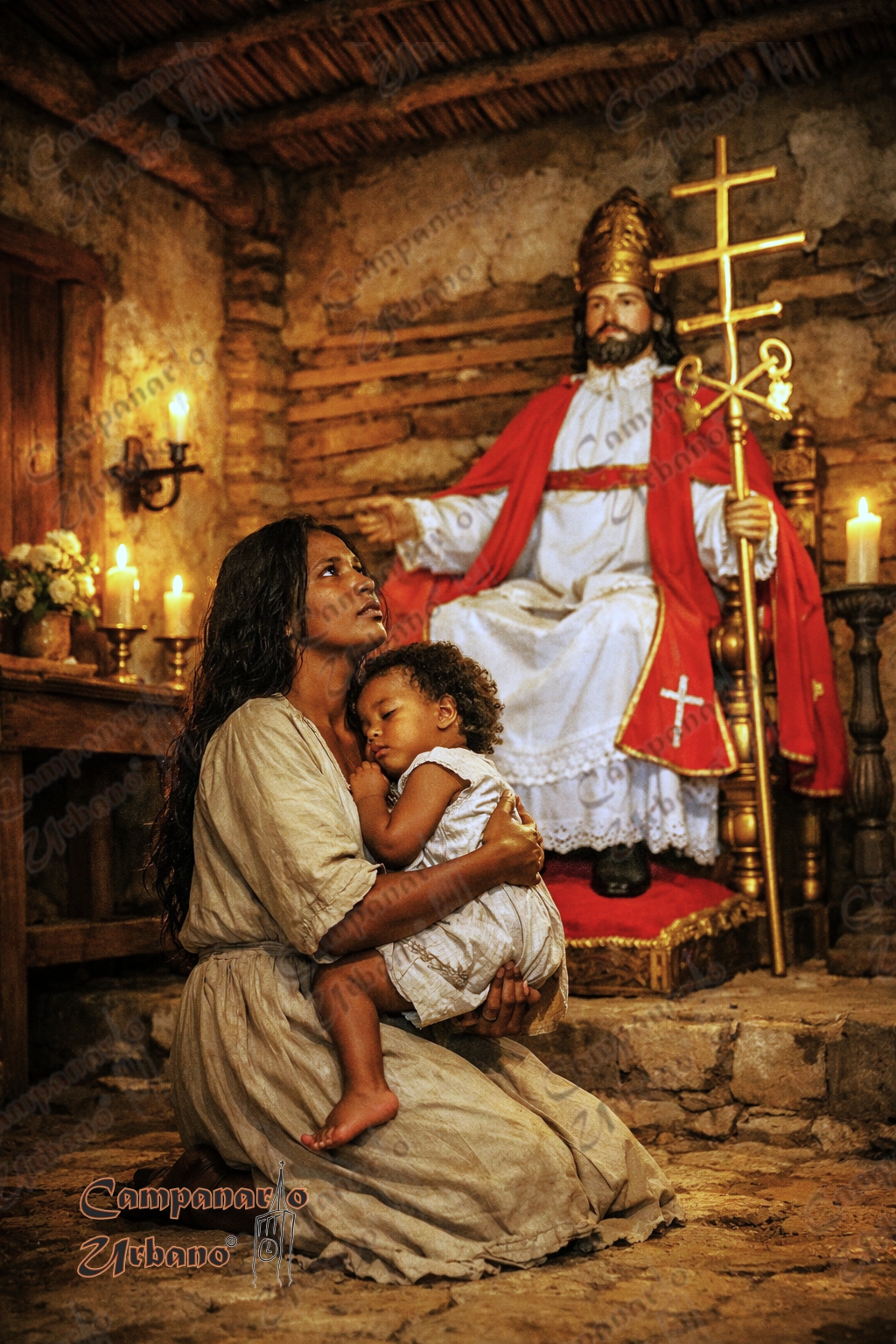 La esclava María Ignacia hace una promesa ante la imagen de San Pedro. Capilla de la Hacienda San Pedro. Final del siglo XIX. Composición IA.