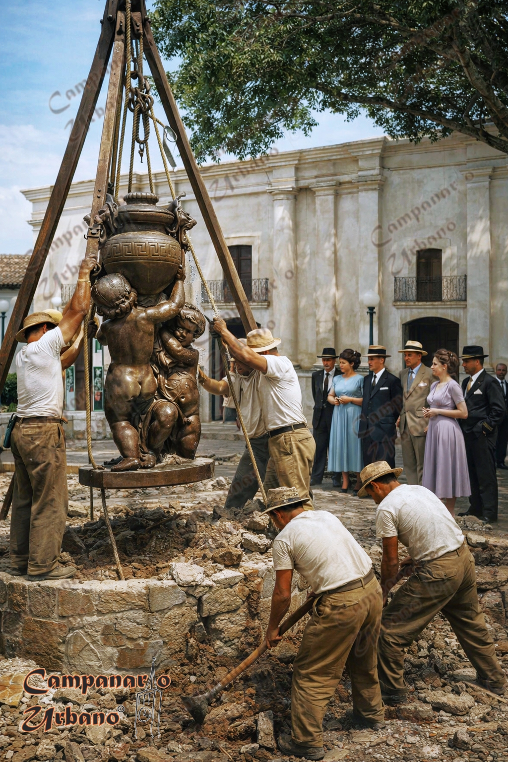 Traslado de la Fuente de los Amorcillos, antigua ubicación, Plaza Mayor de Guarenas. Composición IA.