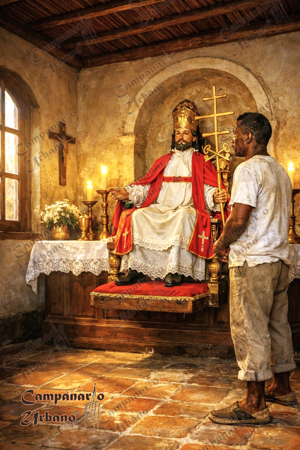 Capilla de la Hacienda El Carmen de Guarenas. Imagen de San Pedro. Composición IA.