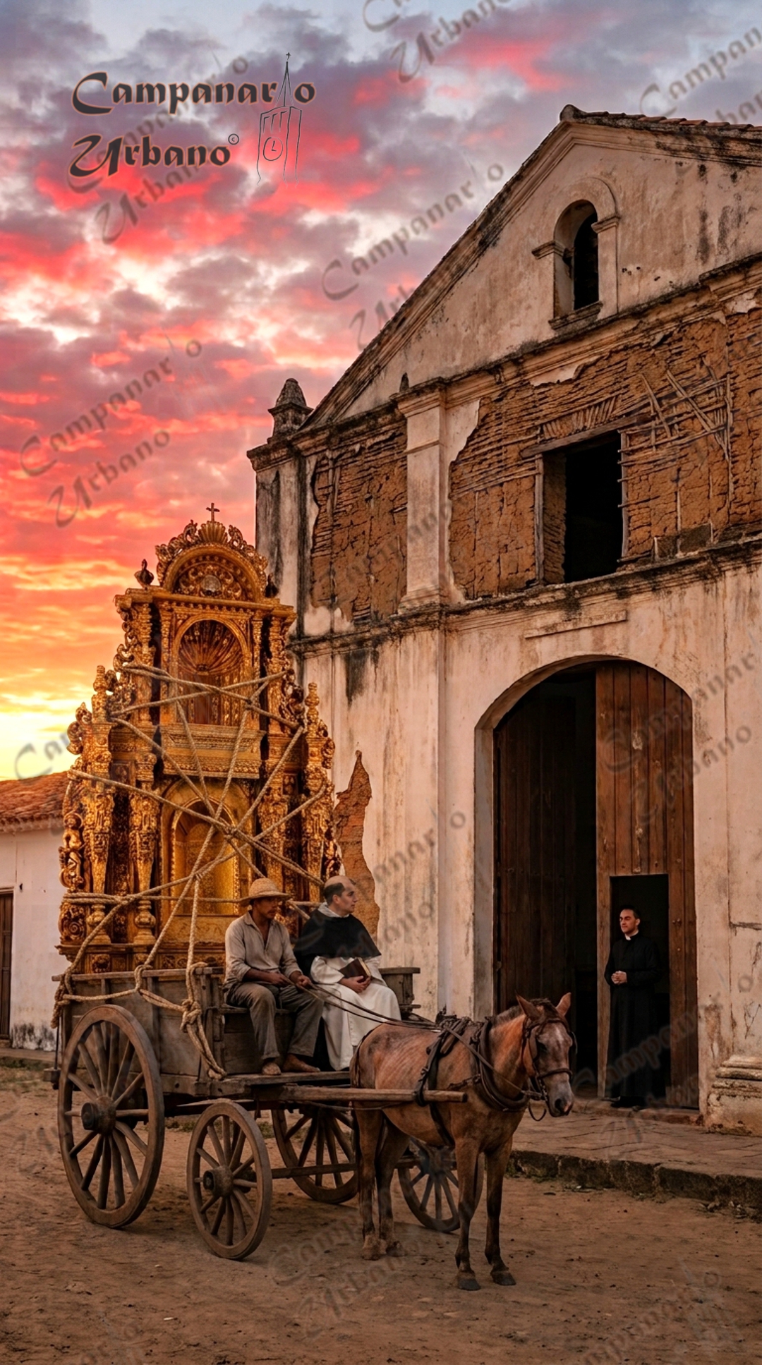 Llegada del retablo a una iglesia en construcción en la parte baja de Guarenas, año 1874. Composición IA.
