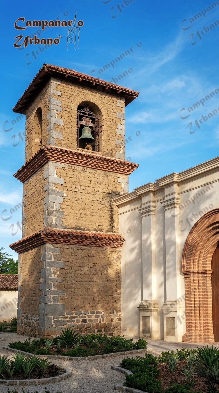 Tercera iglesia del pueblo de Nuestra Señora de Copacabana de las Guarenas, con la primera torre de campanario del pueblo, década de 1780. Composición IA.