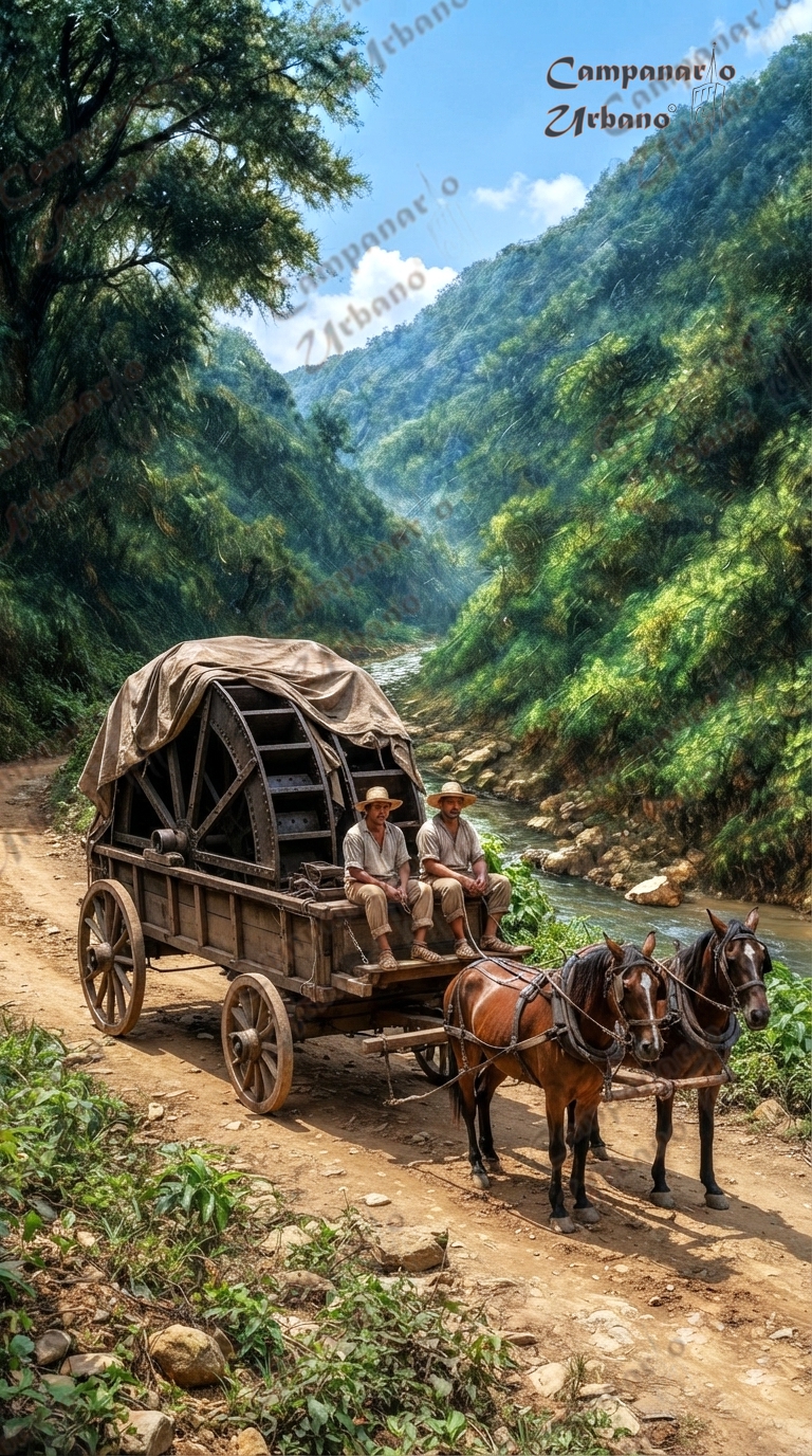 Ingenio azucarero de la Hacienda la Concepción siendo transportado por el caminito de Guarenas, año 1869. Composición IA.